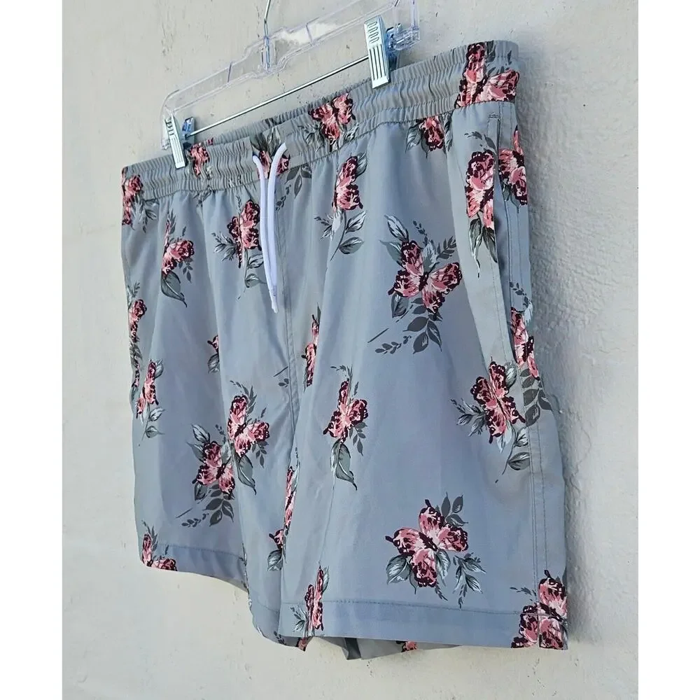 Abercrombie & Fitch Mens Swim Shorts XXL Blue Floral Butterfly Drawstring Trunks